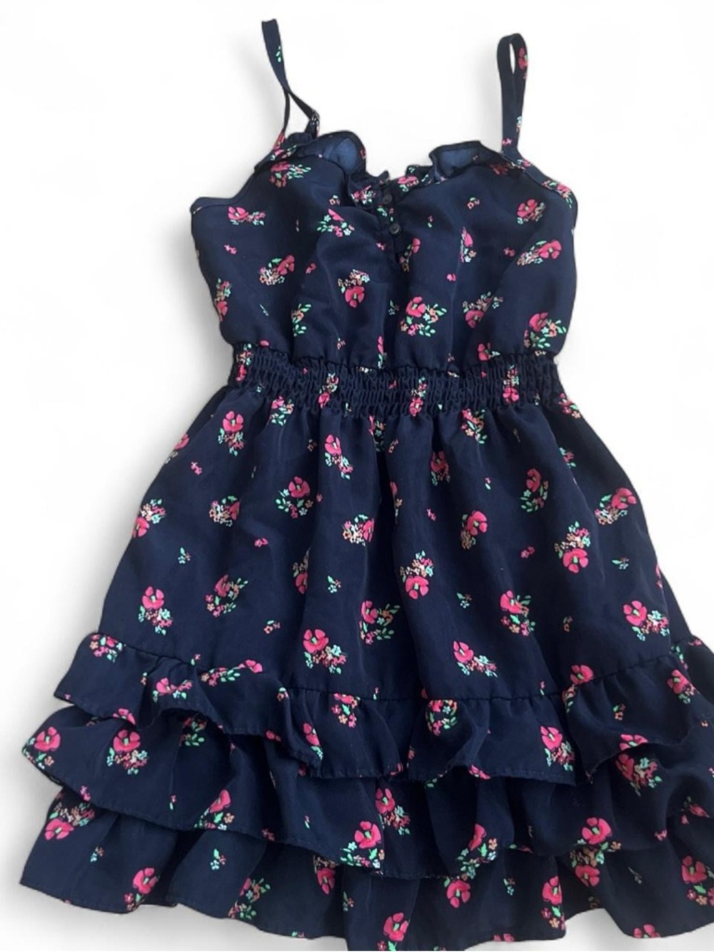 Cherokee Navy Floral Ruffle Dress with Pink Accents